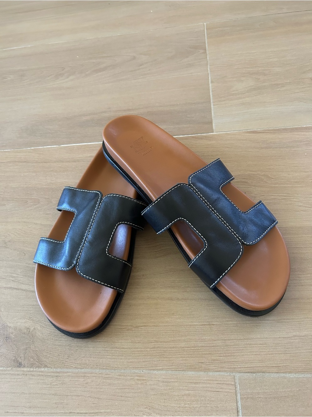 Dune London Loupa Leather Slide Sandals in Black and Brown